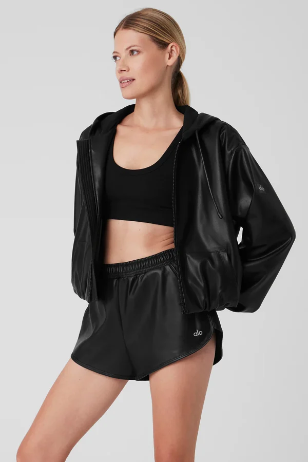 Faux Leather Power Hour Full Zip Cropped Jacket - Black