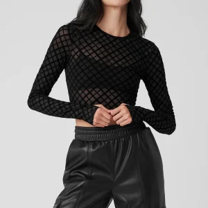 Mesh Plaid Cropped Long Sleeve Top - Black