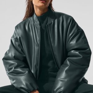 Faux Leather Premier Bomber ?C Charcoal Green