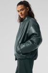 Faux Leather Premier Bomber ?C Charcoal Green