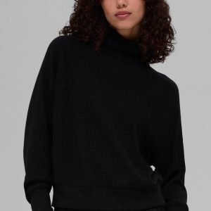 Waffle Weekend Escape Mock Neck Long Sleeve ?C Black