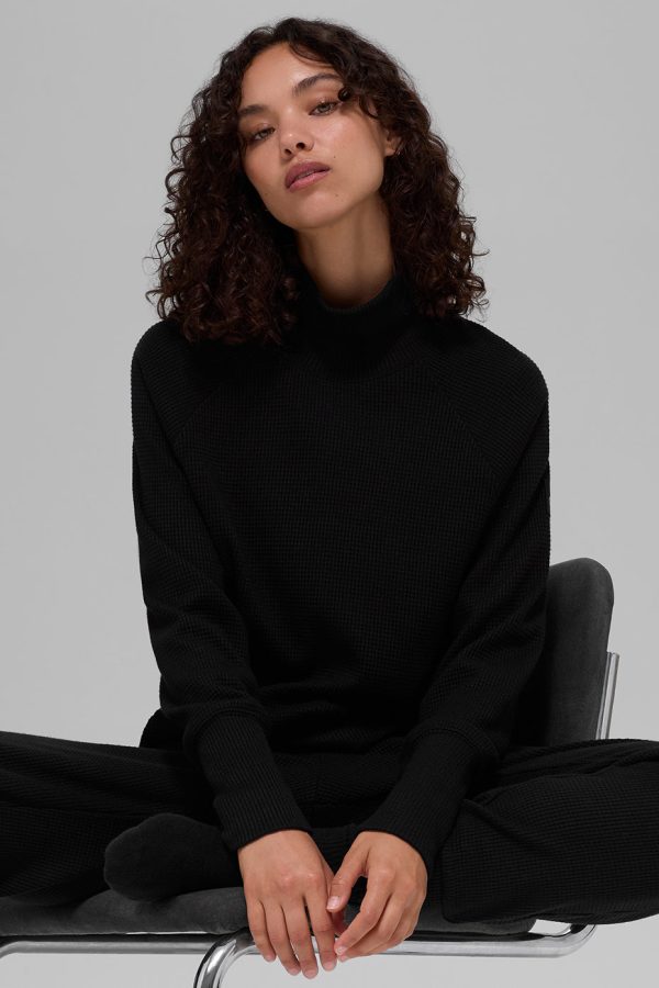 Waffle Weekend Escape Mock Neck Long Sleeve ?C Black