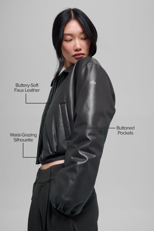 Faux Leather Cropped Premier Bomber ?C Black