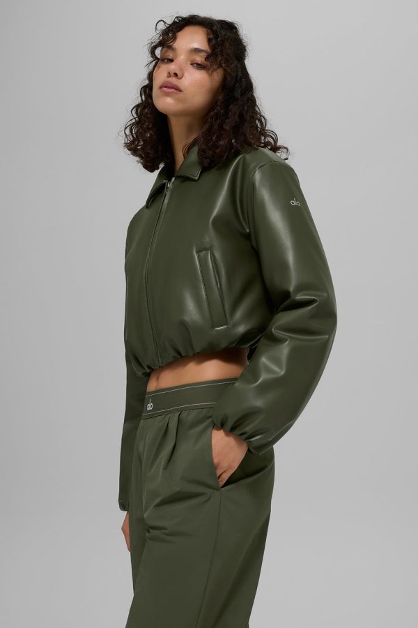 Faux Leather Cropped Premier Bomber ?C Green Olive